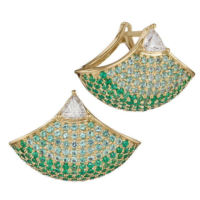 DIAMOND AND EMERALD OMBRE PAVE FAN EARRINGS