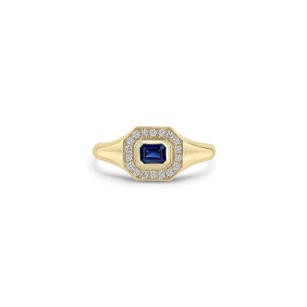 EMERALD CUT BLUE SAPPHIRE DIAMOND HALO SIGNET RING