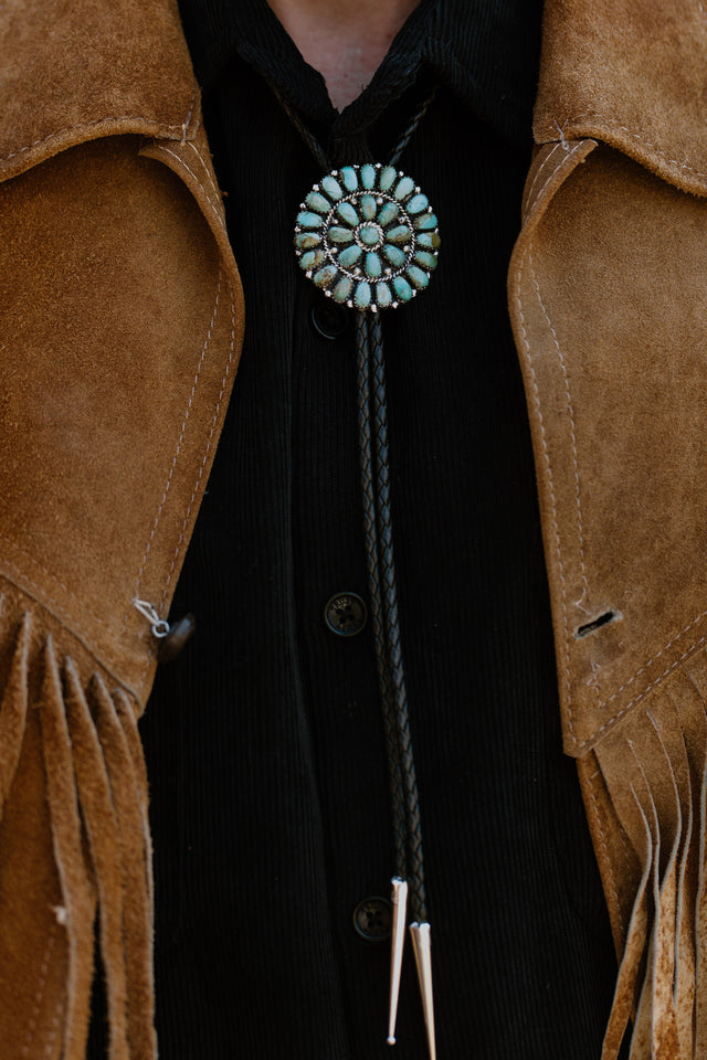 LARGE TURQUOISE AND BLACK LEATHER BOLO TIE
