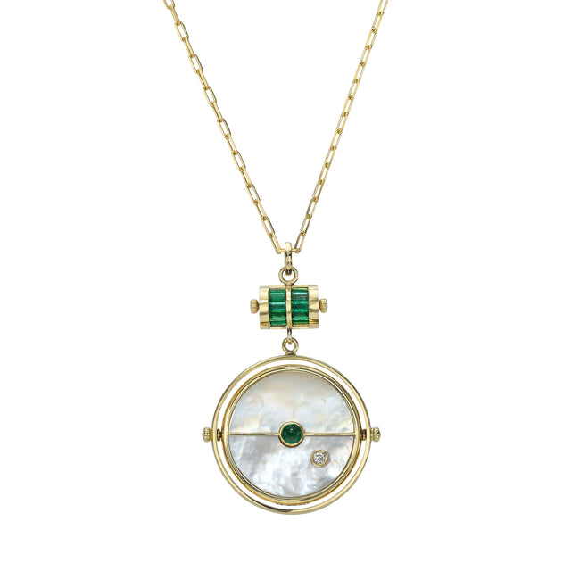 GRANDFATHER COMPASS PENDANT - WHITE MOP WITH EMERALD
