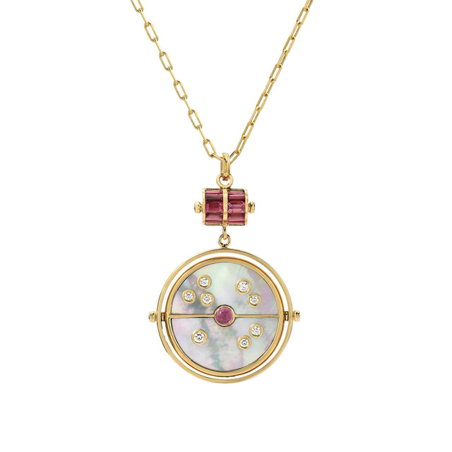 GRANDFATHER COMPASS PENDANT - WHITE MOP WITH PINK SPINEL