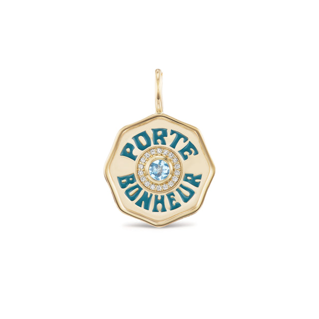 LARGE PB CHARM DIAMOND HALO WITH TEAL ENAMEL AND AQUAMARINE