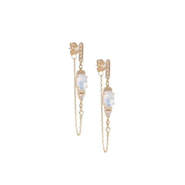 MOONSTONE AND DIAMOND FRONT TO BACK CHAIN EARRINGS