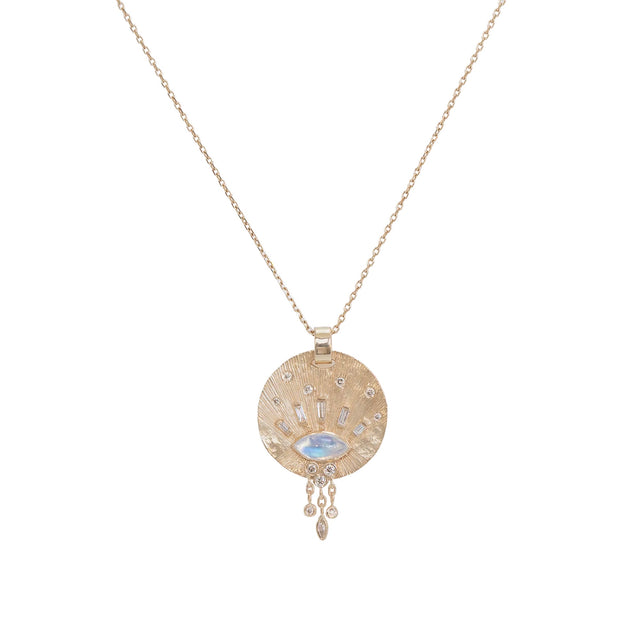 MOONSTONE CABOCHON MARQUISE WITH BAGUETTES DIAMONDS SUN MEDAL CHAIN NECKLACE (