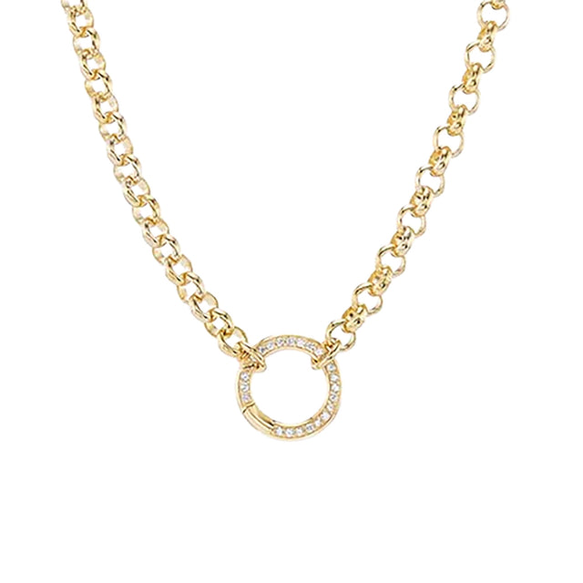 14K YELLOW GOLD ROLO CHAIN WITH PAVE DIAMOND PUSH CLASP