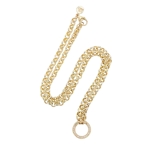 14K YELLOW GOLD ROLO CHAIN WITH PAVE DIAMOND PUSH CLASP