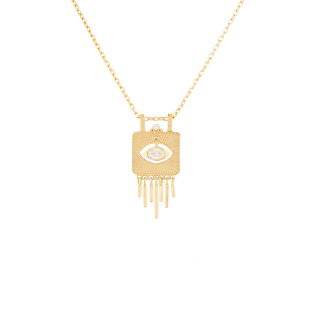 SMALL SOLID GOLD PLATE WITH SUNBEAMS & DANGLING EYE DIAMOND NECKLACE