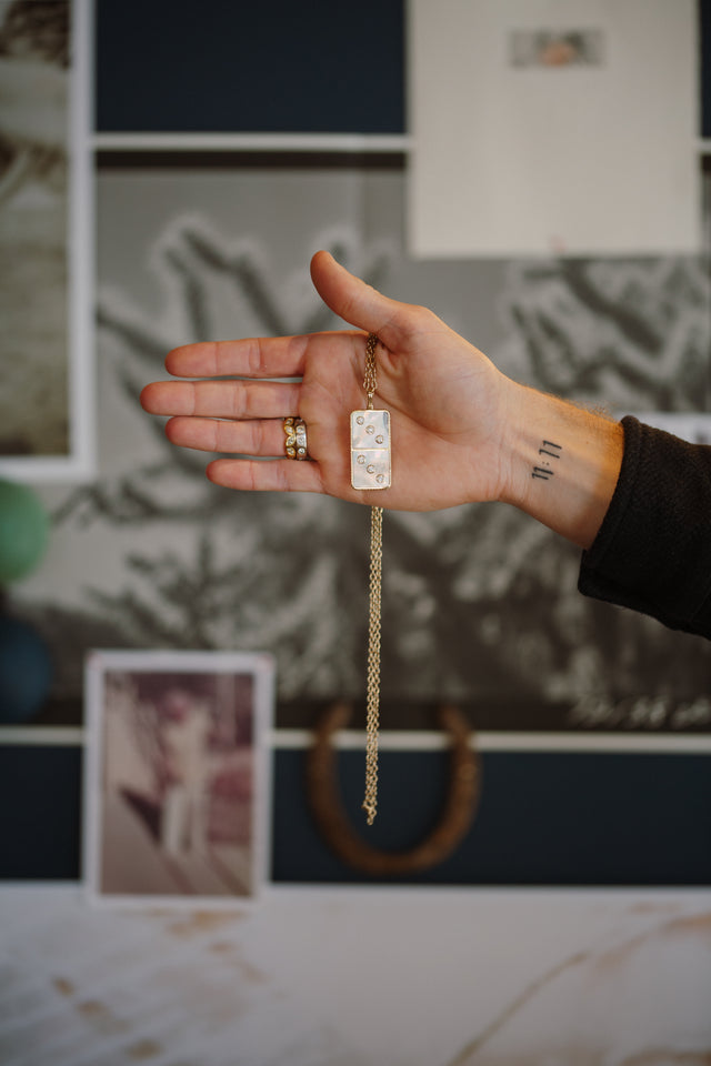 CLASSIC DIAMOND DOMINO NECKLACE WITH SEMIPRECIOUS STONE INLAY - WHITE MOTHER OF PEARL
