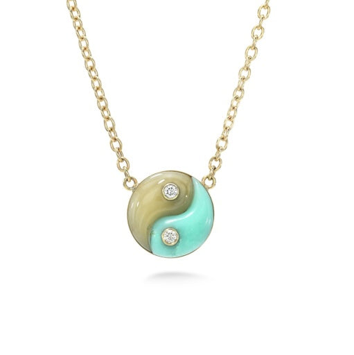 DOUBLE STONE YIN YANG PENDANT ON HANDMADE CHAIN - CHRYSOPRASE AND YELLOW AQUAMARINE