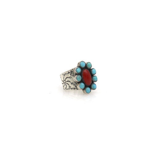 TURQUOISE AND CORAL FLOWER RING