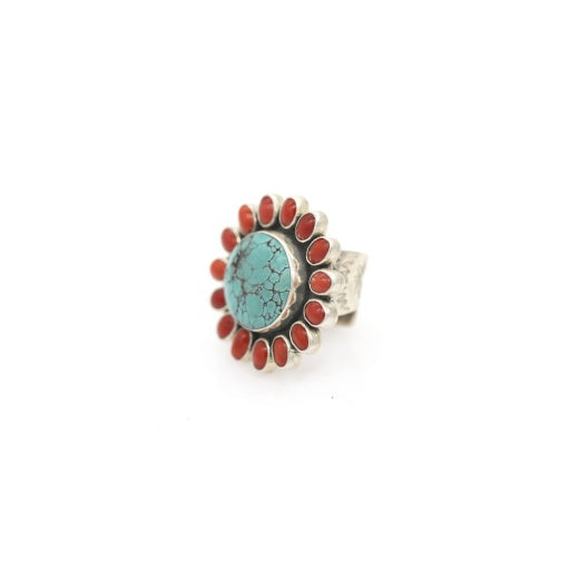TURQUOISE AND CORAL FLOWER RING LARGE